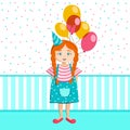 Little girl with a bunch of balloons celebrates birthday