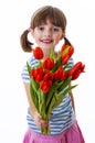 Little girl with bunch of red tulips Royalty Free Stock Photo