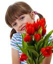 Little girl with bunch of red tulips close up Royalty Free Stock Photo