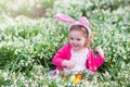 Little girl with bunny ears on Easter egg hunt Royalty Free Stock Photo