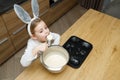 Little girl in bunny ears eating, licking sweet dough for muffins or cake with spoon from bowl in modern kitchen