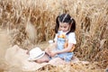 A little girl with buns, bottle of milk and hat sitting on a blanket in a wheat field. Royalty Free Stock Photo