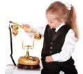 Little girl in business suit call telephone. Royalty Free Stock Photo