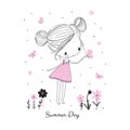 Little girl with butterflies and flowers. Doodle drawing vector illustration