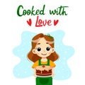 Little Girl with cake. Cartoon character. Cook with love text. Template for pastry store, confectionery. Flat style Royalty Free Stock Photo