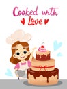 Little Girl with cake. Cartoon character. Cook with love text. Template for pastry store, confectionery. Flat style Royalty Free Stock Photo