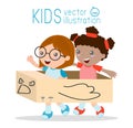 Little girl in a cardboard airplane, kids playing, happy child,Vector Illustration