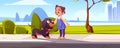 Little girl caress cute dachshund dog on street