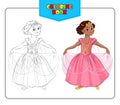 Little girl in carnival costume Princess. Coloring book