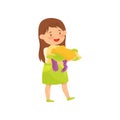 Little girl carries pile of dirty clothes to laundry. Adorable child helps with household chores. Flat vector
