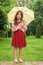 Little girl carry cute kitten cat under umbrella, love and care concept Royalty Free Stock Photo