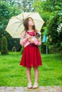 Little girl carry cute kitten cat under umbrella, small friend concept Royalty Free Stock Photo