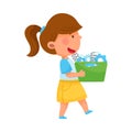 Little Girl Carrying Spare Parts for Fixing Robot Vector Illustration