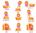 Little Girl and Carton Box as Prepositions of Place Demonstration Vector Set
