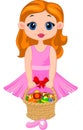 Little girl cartoon with basket full of colorful easter eggs Royalty Free Stock Photo