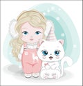 Little girl and cat Happy Birthday Winter Card