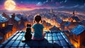 Little girl with cat on the roof looking at a magical moonlit mountain village.?hildhood,children\'s imagination concept.