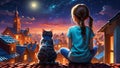 Little girl with cat on the roof looking at a magical moonlit mountain village.?hildhood,children\'s imagination concept.