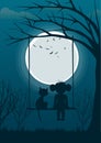 Little girl with cat sitting on tree swing over full moon at night. Back view Royalty Free Stock Photo