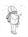 A little girl catches snowflakes with her tongue. Winter. Black and white realistic illustration for coloring.