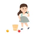 Little Girl Changing Her Clothes Putting on Pinafore Dress Vector Illustration