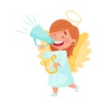 Little Girl Character Dressed in Fancy Angel Costume Talking Megaphone or Loudspeaker Vector Illustration Royalty Free Stock Photo