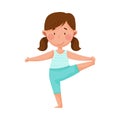 Little Girl Character Practising Yoga Stretching and Breathing Vector Illustration