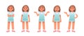 Little girl character set. The child is offended and upset, shrugs, happy, surprised, points. Vector illustration