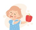 Little Girl Character Showing Dislike and Disgust Holding Bell Pepper Vector Illustration