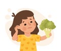 Little Girl Character Showing Dislike and Disgust Holding Broccoli Vector Illustration