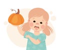 Little Girl Character Showing Dislike and Disgust Holding Pumpkin Vector Illustration