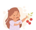 Little Girl Character Showing Dislike and Disgust Holding Tomato Vector Illustration