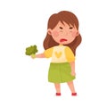 Little Girl Character Showing Dislike Towards Broccoli Vector Illustration