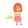 Little Girl Character Showing Dislike Towards Porridge Vector Illustration
