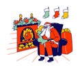 Little Girl Character Sitting on Santa Knees at Burning Fireplace Whispering in his Ear Tell Secrets, Christmas Holiday