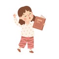 Little Girl Character Standing and Tell Story or Recite Poetry from Book Vector Illustration