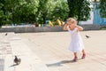 Little girl chasing pigeons in summer park Royalty Free Stock Photo