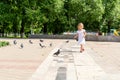 Little girl chasing pigeons in summer park Royalty Free Stock Photo