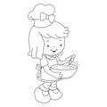 Little girl chef cooking in the kitchen. Little child cook baking at home. Vector black and white coloring page. Royalty Free Stock Photo