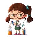 A little girl in a chemistry lab doing chemical experiments. Nice young girl with big eyes and glasses.