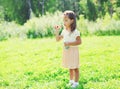 Little girl child blowing soap bubbles in summer Royalty Free Stock Photo