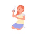 Little girl child cartoon character playing scissors dangerous sharp blade isolated on white