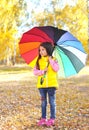 Little girl child with colorful umbrella in sunny autumn Royalty Free Stock Photo