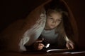 Little girl child read book in bed under the covers at night