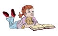 Little girl child reading book lying on the floor hugging puppy Royalty Free Stock Photo