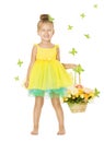 Little Girl in Children Dress with Basket, Happy Smiling Kid Royalty Free Stock Photo