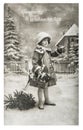 Little girl christmas tree gifts vintage toys Royalty Free Stock Photo
