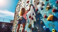Little Girl Climbing Rock Wall. Generative Ai Royalty Free Stock Photo