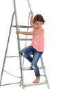 Little girl climbing up  on white background. Danger at home Royalty Free Stock Photo