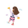 Little Girl Climbing Wall Crawling Up Equipped with Rope Gripping to Ledges Back View Vector Illustration Royalty Free Stock Photo